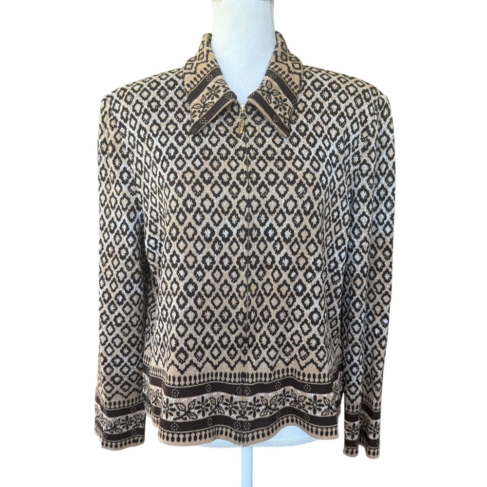 St. John Sport Marie Gray Wool Blend Zip Knit Jacket Brown Diamond Geometric L